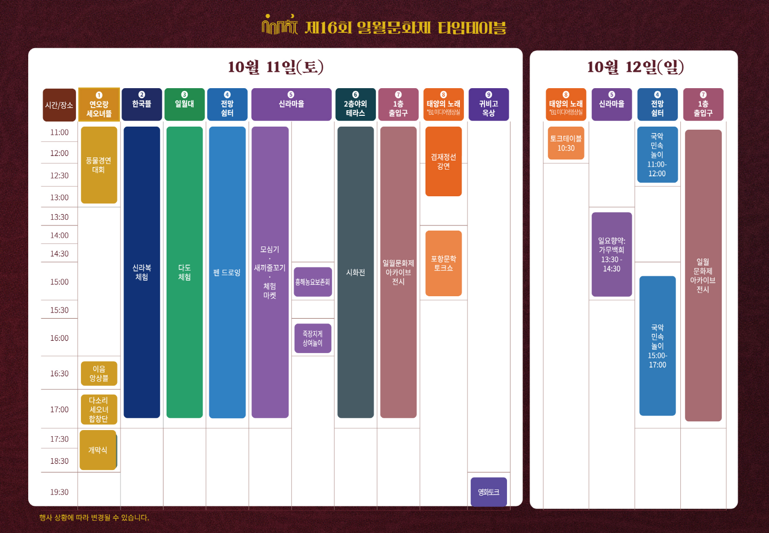 제16회 일월문화제
◎일시 : 2025년 10월 11일(토) ~10월 12일(일)
개막식 2025.10.11. (토) PM 5:30
◎장소 : 연오랑세오녀테마공원 외(포항시 일원)
◎주최/주관 : 포항시/포항문화재단
◎문의처 : 054-289-7999
