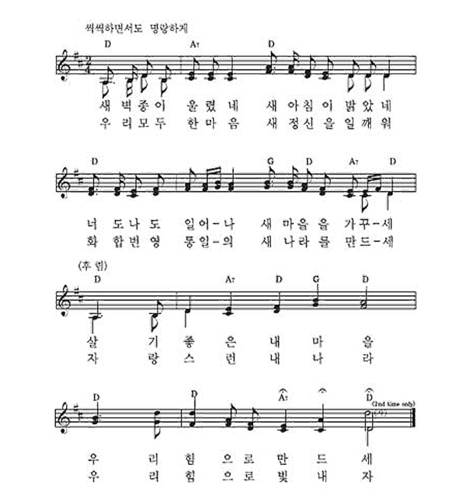 새벽종이 울렸네 / 새 아침이 밝았네
			너도 나도 일어나 / 새마을을 가꾸세
			살기 좋은 내 마을 / 우리 힘으로 만드세
			
			우리 모두 한마음 / 새 정신을 일깨워
			화합 번영 통일의 / 새 나라를 만드세
			자랑스런 내 나라 / 우리 힘으로 빛내자